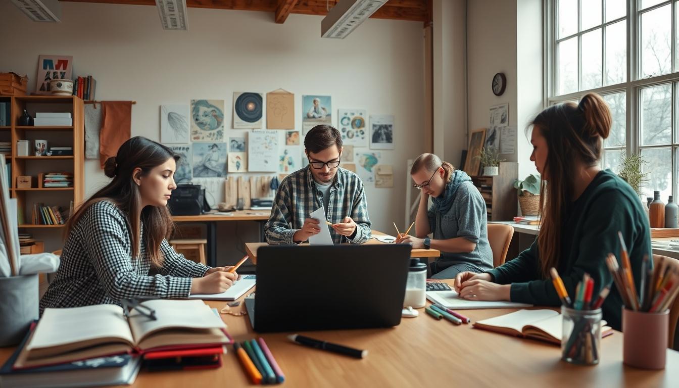 Students studying together in modern classroom